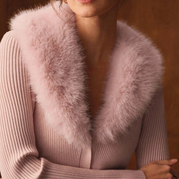 Casual Pink Women Faux Fur Shawl Collar Cardigan with Faux Pearls - Picture 7 of 7